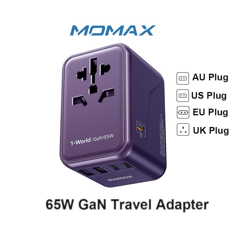 Momax Universal Travel Adapter 70W GaN Travel Plug Adapter พร้อมปลั๊ก UK/EU/AU/US QC International A