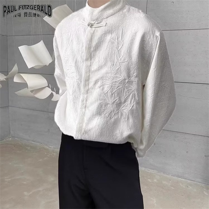 Paul FITZGERALD เสื้อเชิ้ตปักลายสไตล์จีนผู้ชายคอตั้งแผ่นปุ่มแขนยาวไม้ไผ่เย็นชุด Tang