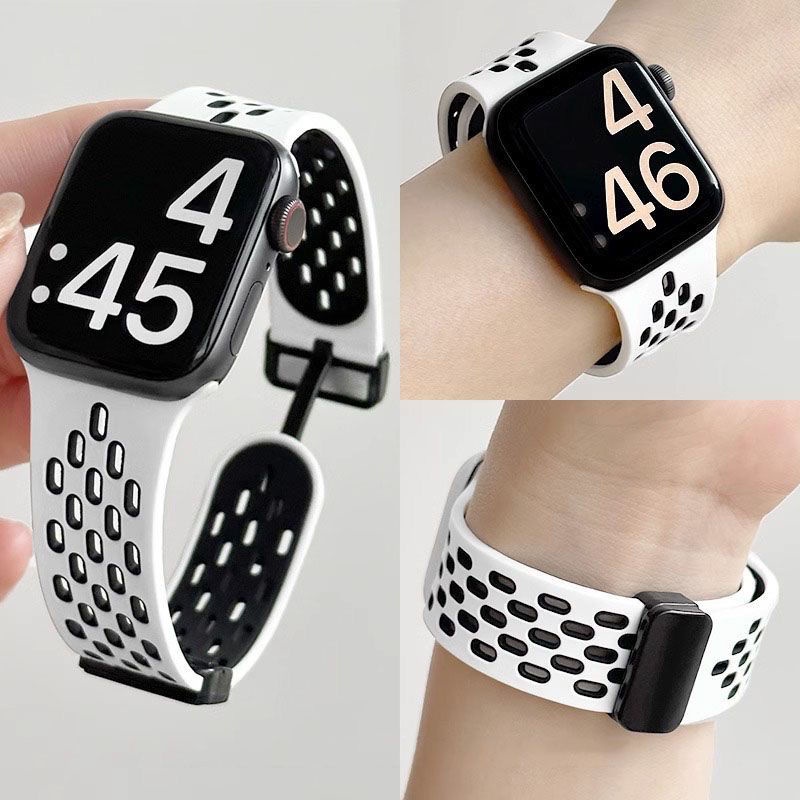 แบบใหม่มีรูสองสีพับหัวเข็มขัดซิลิโคนดูดแม่เหล็กสำหรับ Apple applewatch หญิงชาย45mm