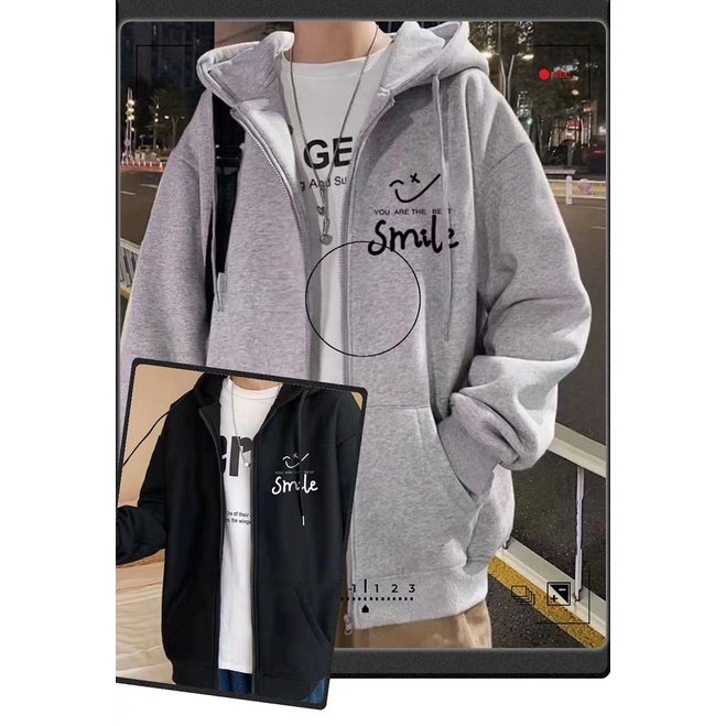 【ส่งจากไทย จัดส่งเร็ว】เสื้อกันหนาวแขนยาวรุ่น Smile ฮู้ดมีซิปหน้า ใส่ได้ทั้งชายและหญิง สวมใส่สบาย