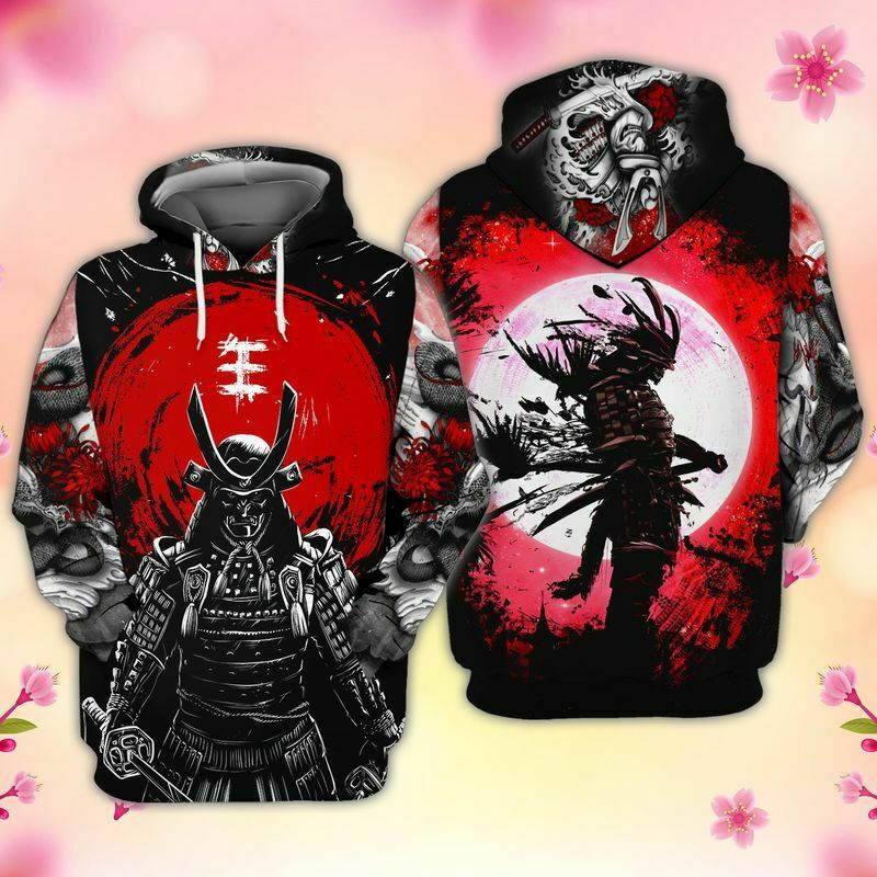 เสื้อกันหนาวลําลอง มีฮู้ด พิมพ์ลายดวงจันทร์ ซามูไร สีแดง 3D แฟชั่นใหม่ล่าสุด 2023