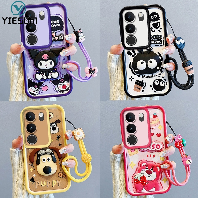 เคสโทรศัพท์มือถือ ยางซิลิโคนนิ่ม ลายการ์ตูนหมี ลูกสุนัข สตรอเบอร์รี่น่ารัก พร้อมสายคล้องมือ สําหรับ Vivo V29 5G V29E V27 5G V25 5G V27E V25E V23 V23E