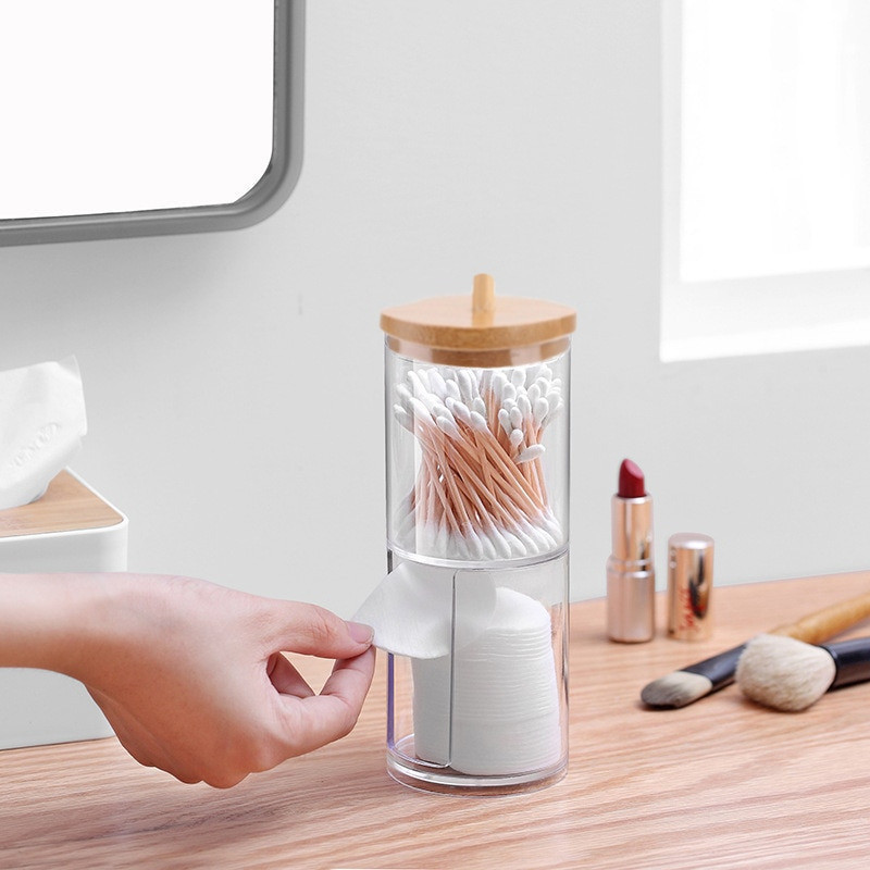 BSDMall- Multifunctional Cotton Bud และ Cotton Storage Organizer Jar Cotton Bud Jar พร้อมฝาปิดไม้ไผ่