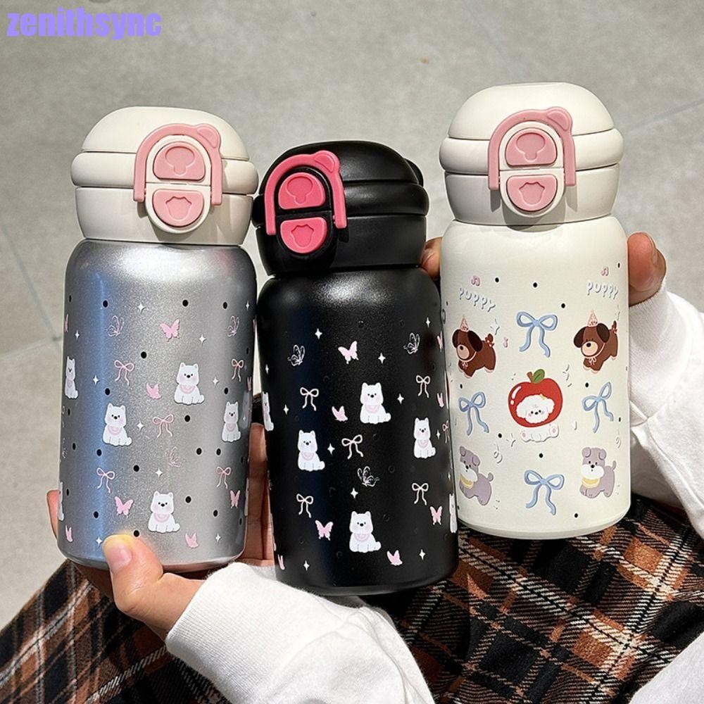 Zenithsync Bow Cat Thermos Cup, การออกแบบฟางเก็บเครื่องดื่มขวดน้ําความร้อนร้อนและเย็น, การ์ตูนรั่ว ins การออกแบบที่น่าสนใจ Bouncing ฉนวน Tumbler Travel