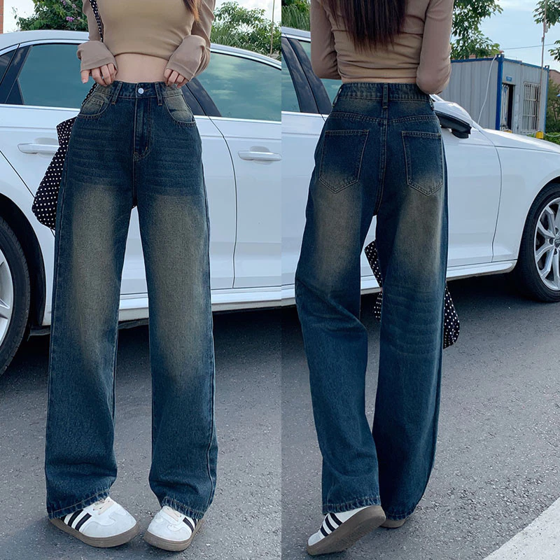 Unique Simple High-Waisted Straight Jeans Women Retro Blue All-Match Slimmer Look Wide-Le