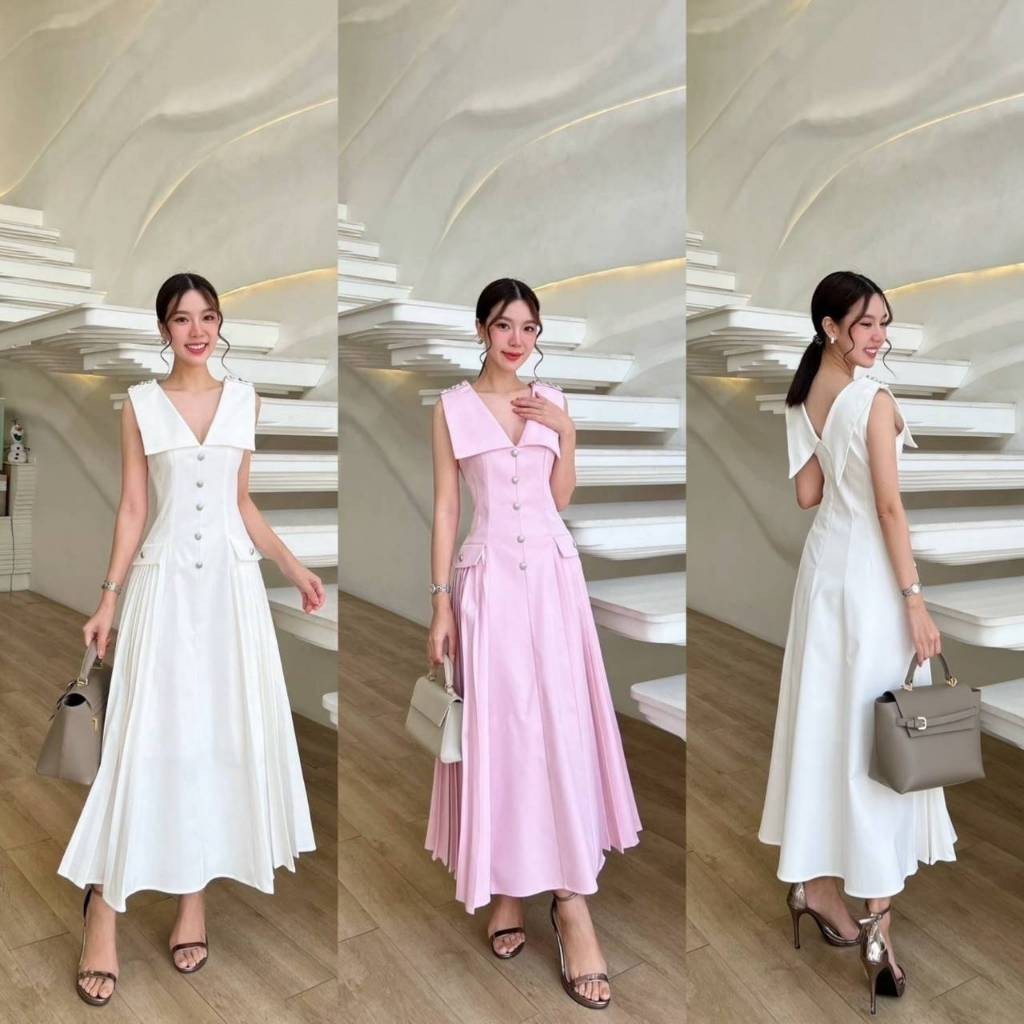 Mom.ss (พร้อมส่ง) Ticha เดรสคอวีดีเทลแต่งปกใหญ่ เย็บติดกระดุมอะไหล่เงินที่ไหล่และช่วงหน้าให้เด่นสวย 