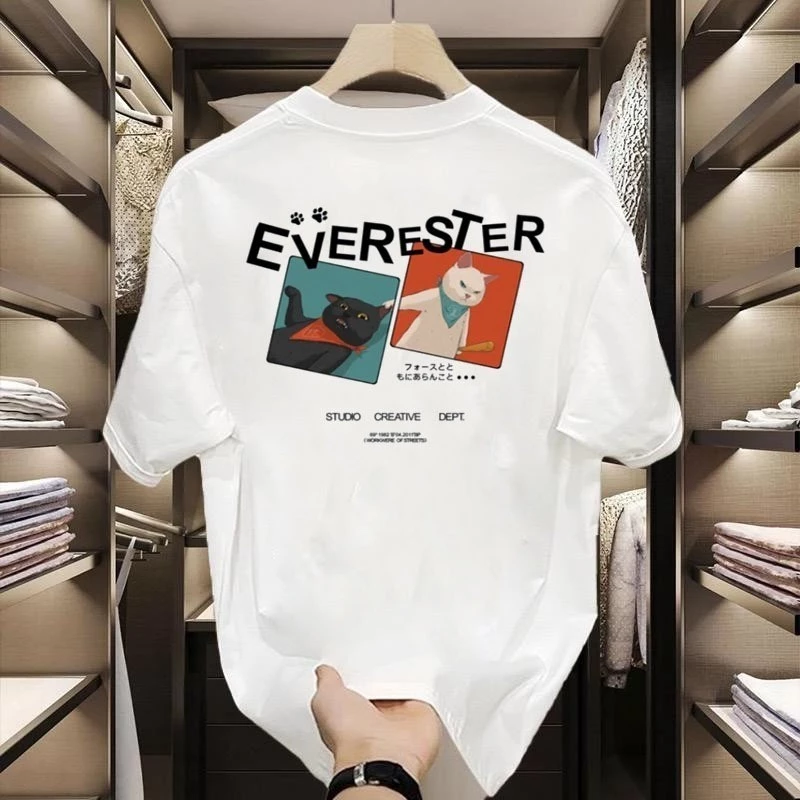 เสื้อยืดผู้ชาย คอกลม-แขนสั้น เสื้อลายแมว สกรีนหน้า หลัง oversize t-shirt เสื้อสตรีทแฟชั่นสวยๆ สีพื้น สีขาว-สีดำ