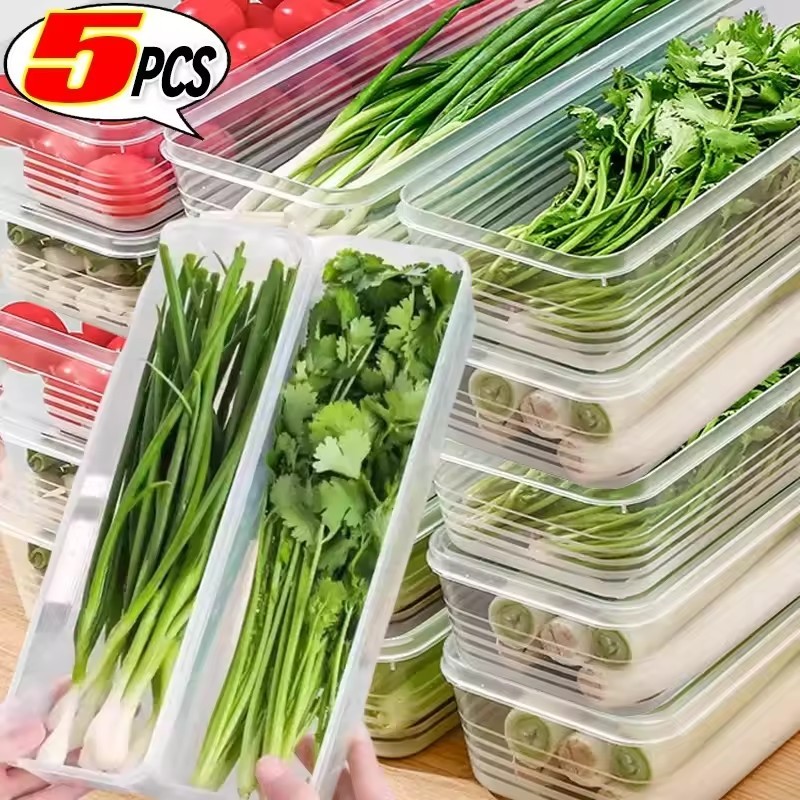 กล่องเก็บของในตู้เย็น - Scallions ผักผลไม้สดกล่องอาหารพร้อมฝาปิด - Cold Crisper Sealed Organizer