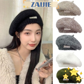 Zaijie24 หมวกเบเร่ต์ ผ้าวูลถัก ให้ความอบอุ่น สีพื้น สําหรับผู้หญิง