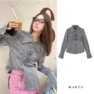 MANSA gray floral shirt เสื้อลายดอก เสื้อเชิ้ตแขนยาว