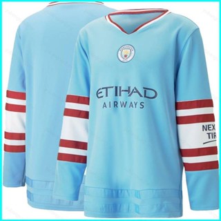 เสื้อกีฬาแขนยาว ลายการ์ตูนฟุตบอล Manchester City 2022-2023 พลัสไซซ์