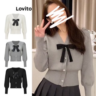 Lovito เสื้อกันหนาว คอวี ประดับโบว์น่ารัก สําหรับผู้หญิง L61AD150 (สีเทา/ขาว/ดํา)