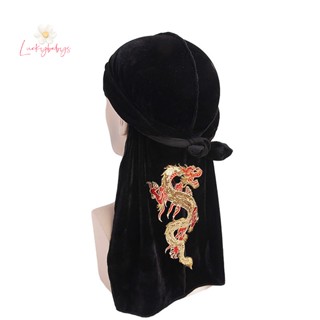 Luckybabys&gt; ผ้าโพกหัว ผ้ากํามะหยี่ ปักเลื่อม มังกรจีน สําหรับผู้ชาย ผู้หญิง