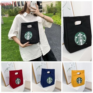 Qqmall Starbucks กระเป๋าผ้าแคนวาส กระเป๋าถือ ทรงโท้ท พิมพ์ลาย สไตล์เกาหลี เรียบง่าย สําหรับคุณแม่