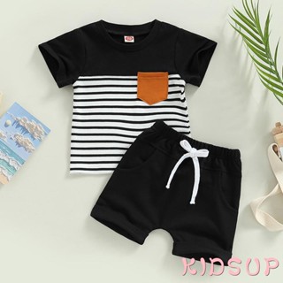 Kidsup1- ชุดเสื้อยืดคอกลม แขนสั้น พิมพ์ลายทาง และกางเกงขาสั้น เอวยางยืด สีพื้น แฟชั่นฤดูร้อน สําหรับเด็กผู้ชาย