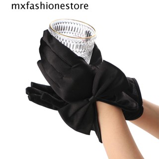 Mxfashione ถุงมือสั้น แบบเต็มนิ้ว ประดับโบว์ สีงาช้าง สไตล์เรโทร สําหรับผู้หญิง เจ้าสาว