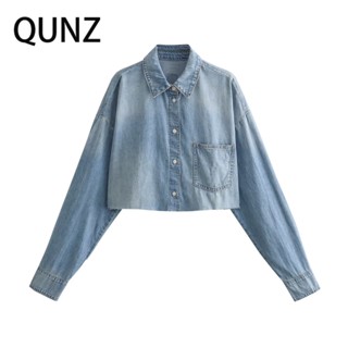 Qunz เสื้อเชิ้ต แขนยาว ทรงหลวม สไตล์คาวบอย แฟชั่น 7853