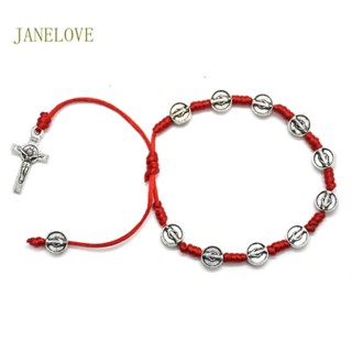 Jlove สร้อยข้อมือ เชือกถัก แฮนด์เมด สีแดง ประดับลูกปัดคาทอลิก เครื่องประดับ สําหรับโบสถ์