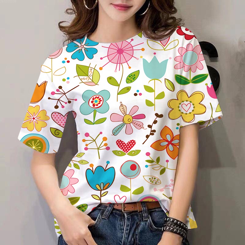 ฤดูร้อนดอกไม้แบบ 3D การพิมพ์เสื้อยืดผู้หญิง Street Casual T เสื้อ Harajuku ขนาดใหญ่หญิงเสื้อผ้าหญิง Tops Tee