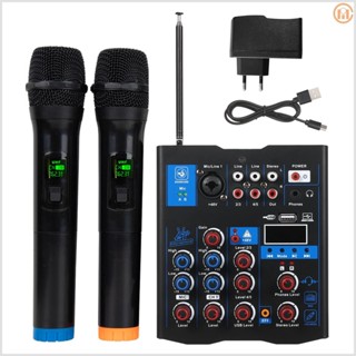 Sound Board Console System Interface DJ Mixer with Dual Wireless Microphone for DJ Karaoke PC Guitar Speaker