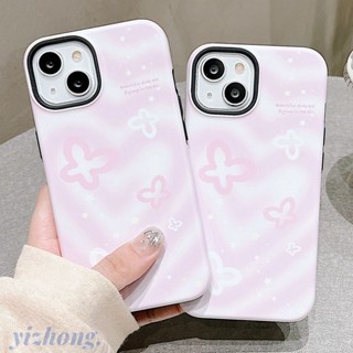 เคสโทรศัพท์มือถือ TPU นิ่ม กันรอยขีดข่วน กันกระแทก ลายผีเสื้อแฟนซี หัวใจ รูกล้อง ขนาดใหญ่ สีชมพู 2 in 1 สําหรับ iPhone 11 15 14 Pro Max 12 13