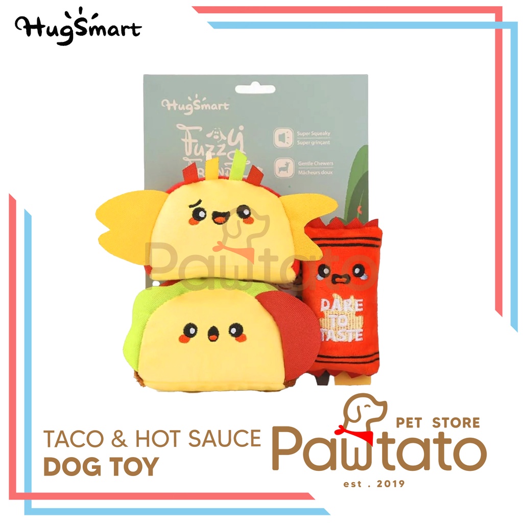 Hugsmart Fuzzy Taco & Hot Sauce Dog Squeaky ของเล่นตุ๊กตาที่ไม่ซ้ํากันตุ๊กตา Pawtato สัตว์เลี้ยง Sto