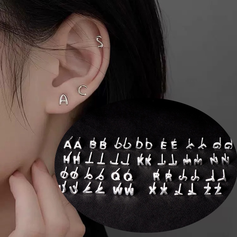 ต่างหูสตั๊ด เงิน ลายตัวอักษร A-Z 26 เครื่องประดับ สําหรับผู้หญิง และผู้ชาย