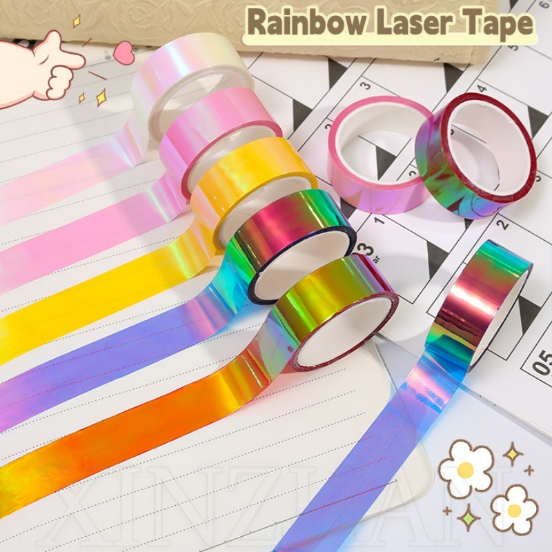 เทปตกแต่งสมุดไดอารี่ อัลบั้ม DIY / อุปกรณ์เครื่องเขียนสํานักงาน / สติกเกอร์วาชิ โปร่งแสง กันน้ํา / เทปกาวโฮโลแกรมเลเซอร์ สีรุ้ง กว้าง 15 มม.