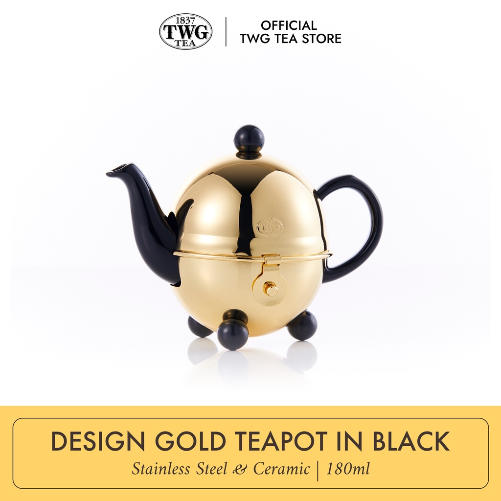 TWG Tea | Design Gold Teapot in Black Ceramic with Polished 30 Micron Gold Plated Warmer 180ml