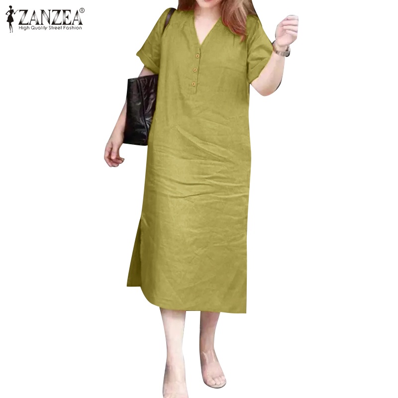 Zanzea ชุดเดรส คอวี แขนสั้น สีพื้น สไตล์เกาหลี สําหรับผู้หญิง
