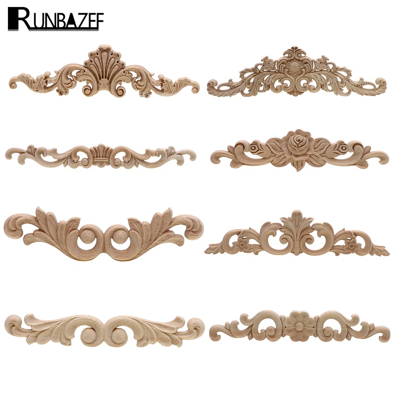Rectangle Carving Natural Wood Appliques For Furniture Cabinet Unpainted Wooden Mouldings Decal Vint
