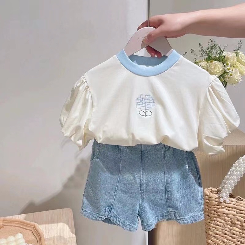 เสื้อยืดแขนสั้น ผ้าฝ้าย พิมพ์ลายดอกไม้ สีพื้น แฟชั่นฤดูร้อน สไตล์เกาหลี สําหรับเด็กผู้หญิง