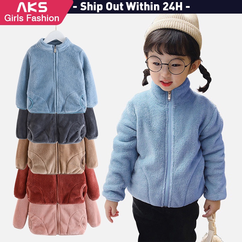 สต็อกกรุงเทพ|อ๊าก แฟชั่นเด็กแจ็คเก็ตสําหรับสาว6 ปี เก่าสีทึบลูกอมยืนขึ้นปกขนแกะฟาร์มด้านบนทนกว่าด้วยซิปสําหรับ10-20กิโลกรัมเด็กสาว