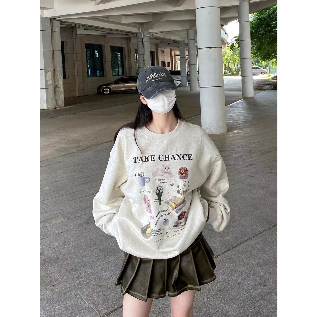 เสื้อกันหนาวแขนยาว คอกลม ทรงหลวม พิมพ์ลาย แฟชั่นฤดูใบไม้ร่วง สไตล์อเมริกันเรโทร สําหรับผู้หญิง