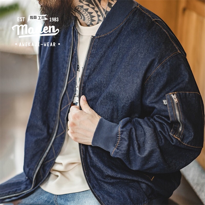 MADEN ยี่ห้อ Workwear สไตล์ใหม่ Tough Guy สไตล์ชายหนุ่ม American Vintage Denim MA1 Pilot Jacket เบสบ