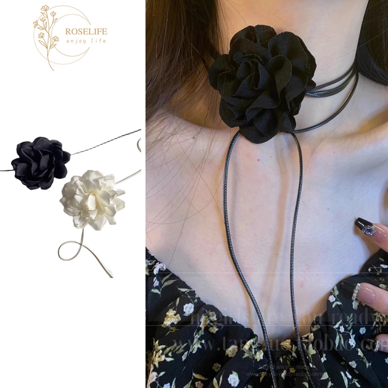 Roselife สร้อยคอโชคเกอร์ เชือกยาว ลายดอกกุหลาบ 3D สีดํา สไตล์เกาหลี เครื่องประดับ สําหรับผู้หญิง งานแต่งงาน ปาร์ตี้ เครื่องประดับคอ DIY