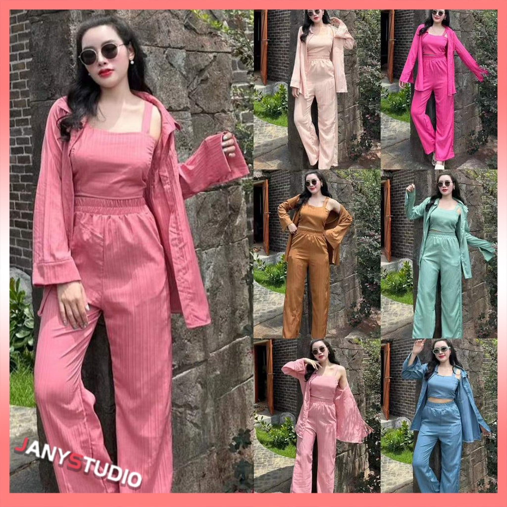 พร้อมส่ง ชุดเซ็ทเเฟชั่นสีสันสดใส 3 ชิ้น ไม่มีลาย เรียบง่าย
