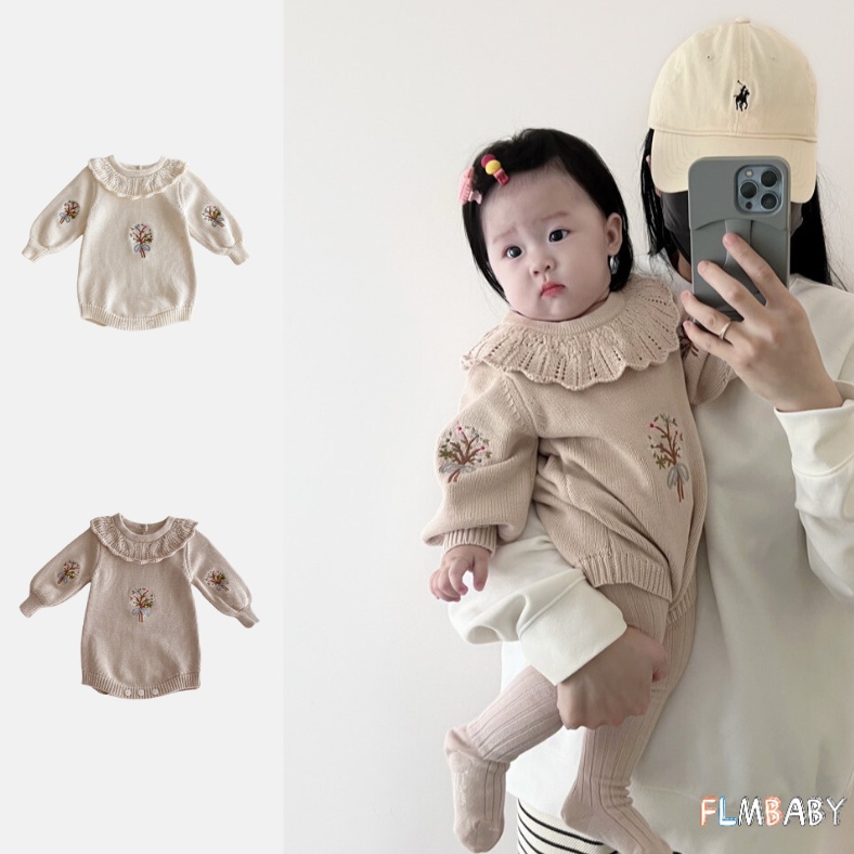 ชุดรอมเปอร์ บอดี้สูท แขนยาว ผ้าถัก ลายดอกไม้ สําหรับเด็กอายุ 0-3 ปี