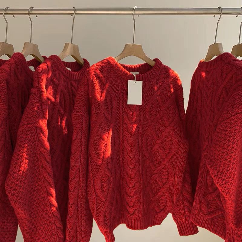 เสื้อกันหนาว ผ้าวูลถัก ทรงหลวม ขนาดใหญ่ สีแดง แฟชั่นฤดูใบไม้ร่วง และฤดูหนาว สําหรับผู้หญิง