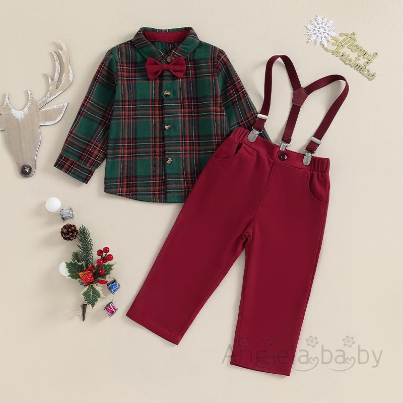 Hian-baby Boys Gentleman Long Sleeve Plaid Shirt and Suspender Pants Set