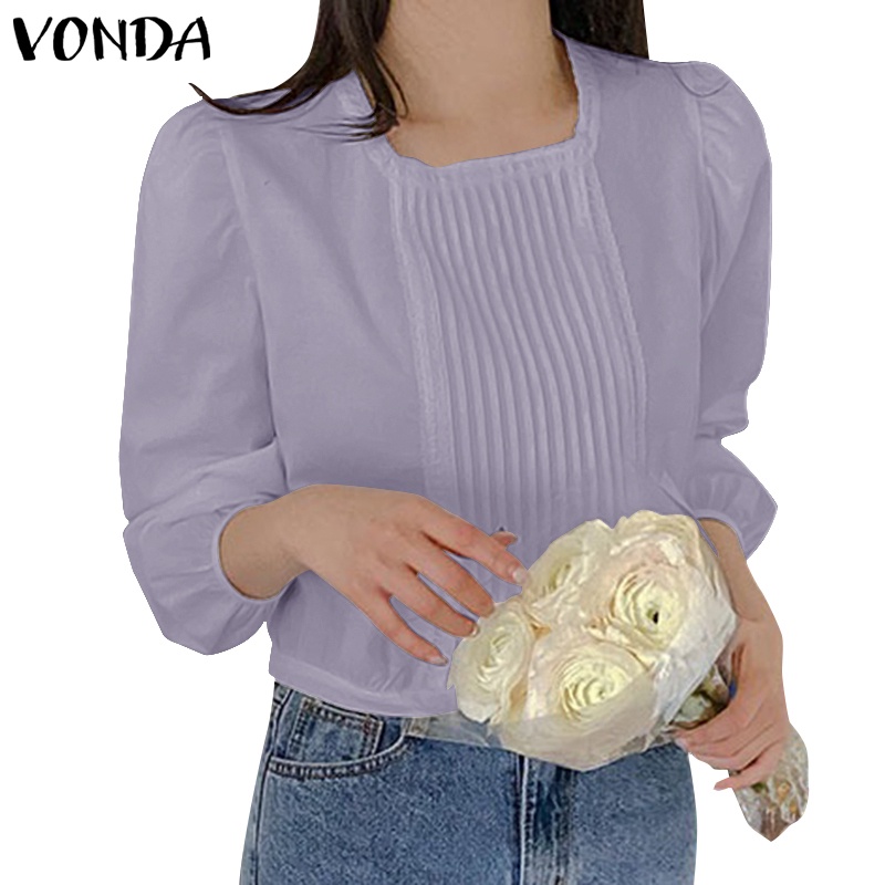 Vonda เสื้อเบลาส์ลําลอง แขนยาว คอกลม จับจีบ สไตล์เกาหลี สําหรับผู้หญิง
