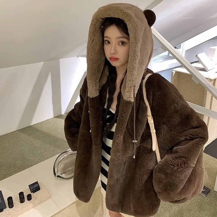 ใหม่ เสื้อโค้ท มีฮู้ด แต่งขนกระต่ายเทียม หมีน่ารัก แฟชั่นสําหรับผู้หญิง