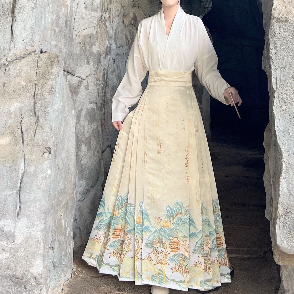 Hanfu [Tibetan Mountain Blue] กระโปรงแขนเครื่องบิน พิมพ์ลาย Ming Made สไตล์จีน สําหรับผู้หญิง