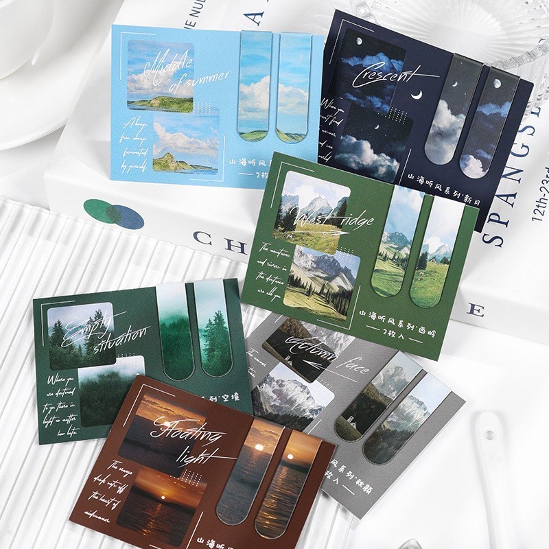 2 ชิ้น Landscape Themed Magnetic Bookmarks แม่เหล็กหน้าเครื่องหมายคลิปสําหรับนักเรียนครูสนุกหนังสือเครื่องหมายสําหรับอ่าน