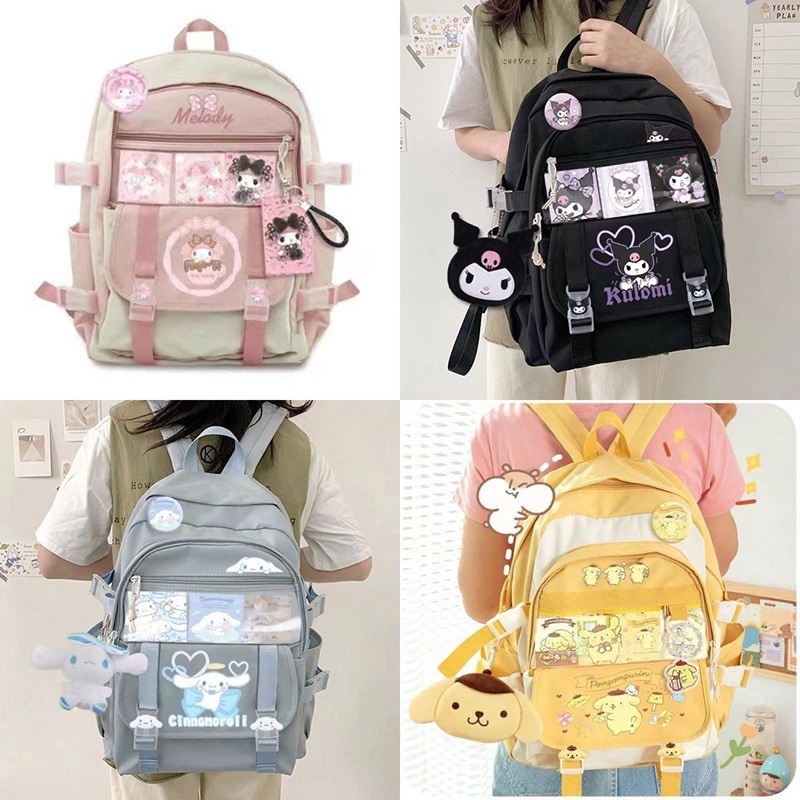 Kawaii Sanrio Mymelody Kuromi Cinnamoroll Pompom ใหม่ กระเป๋าเป้สะพายหลัง กระเป๋านักเรียน ความจุขนาดใหญ่ กลางแจ้ง