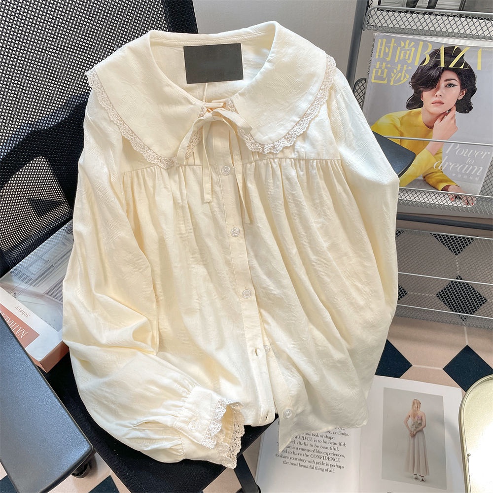 เสื้อเชิ้ตแขนยาว คอตุ๊กตา แต่งลูกไม้ แฟชั่นฤดูใบไม้ร่วง สไตล์ญี่ปุ่น