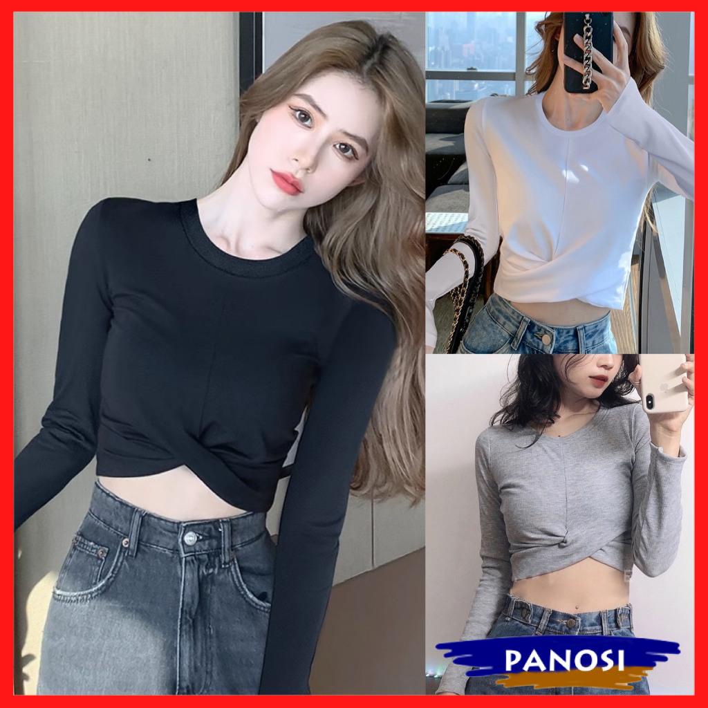 เสื้อยืดผู้หญิงคอกลมแขนยาวเอวบิดเสื้อครอปยางยืดยืด PANOSI - A765
