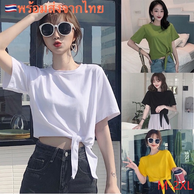 🌺Alva🌺 เสื้อยืดเอวลอยผูกโบว์ เสื้อแฟชั่นสไตล์เกาหลี M-2XL🎀  #9113