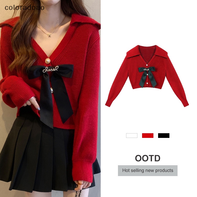 Crd เสื้อคาร์ดิแกนถัก แขนยาว คอวี ประดับโบว์ สไตล์คริสต์มาส แฟชั่นฤดูใบไม้ร่วง ฤดูหนาว สําหรับผู้หญิง ZXH