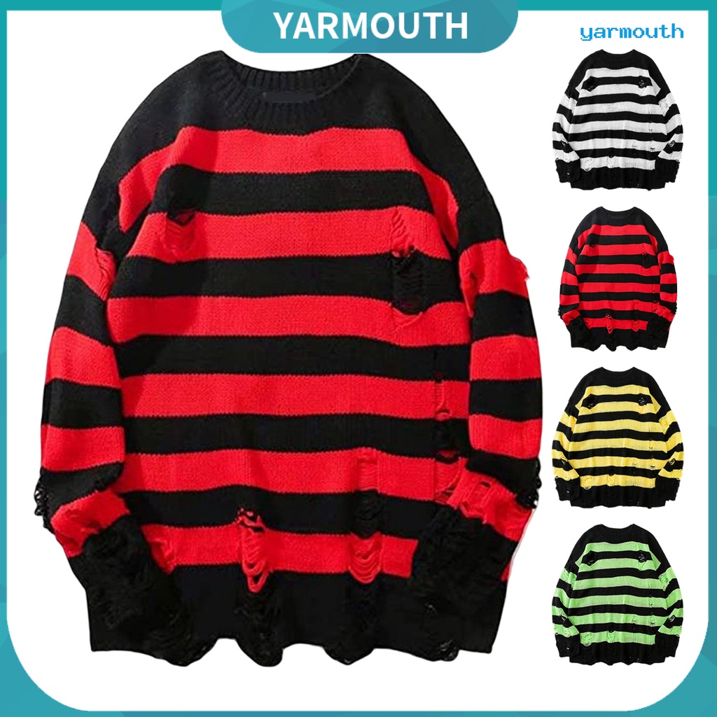 เสื้อกันหนาวแขนยาว คอกลม ทรงหลวม ลายทาง สีคอนทราสต์ แฟชั่นฤดูใบไม้ร่วง สไตล์ฮิปฮอป